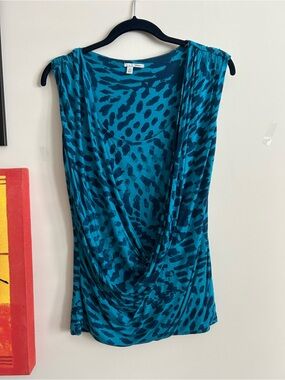 Halogen Teal and Dark Blue Animal-Print Draped Cowl Neck Tank